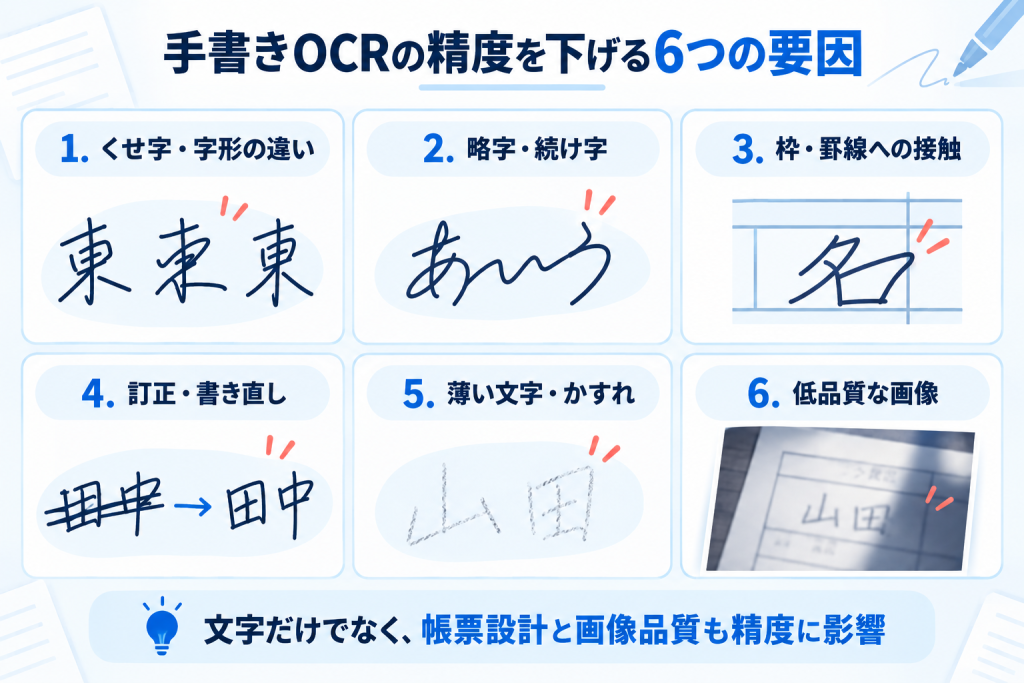 手書きOCRの認識精度を下げるくせ字・訂正・かすれ・低品質画像などの6要因